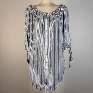 Cottagecore Gentle Fawn Striped Mini Dress with Tie Sleeves & Button Front M
